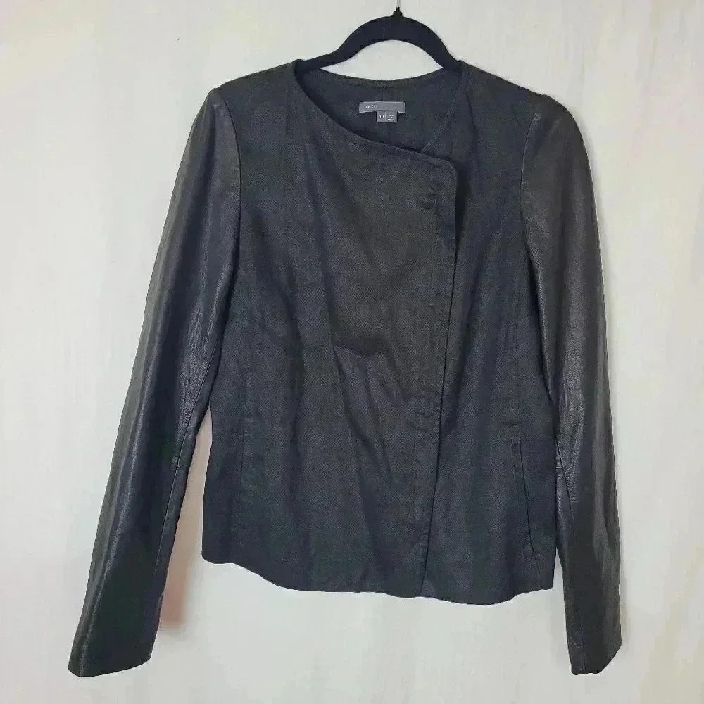 Vince Womens Black Mixed Media Leather Sleeve Asymmetrical Zip Jacket Size 10